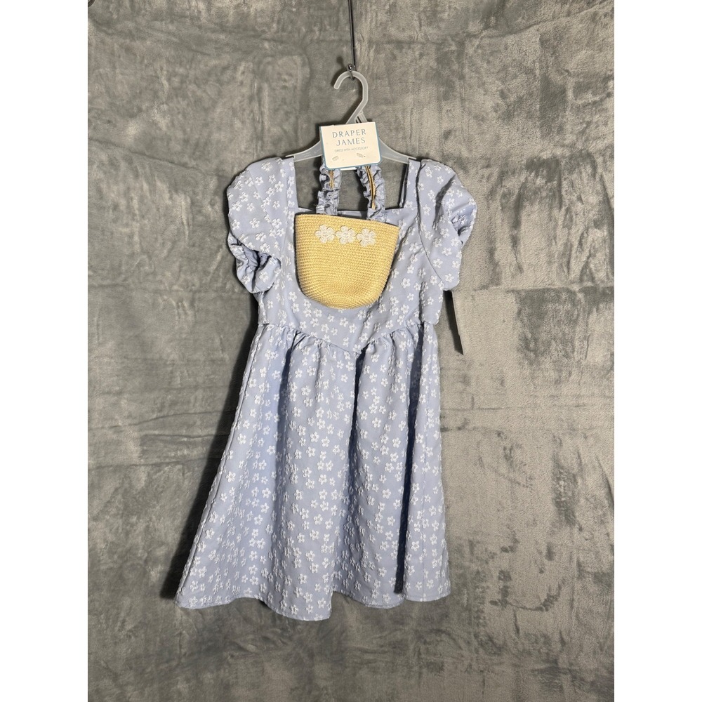 Draper James Girls Blue Floral Puff Sleeve Dress with Straw Bag Set nwt new
10